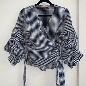 QED LONDON Gingham wrap top bishop sleeves M ASOS